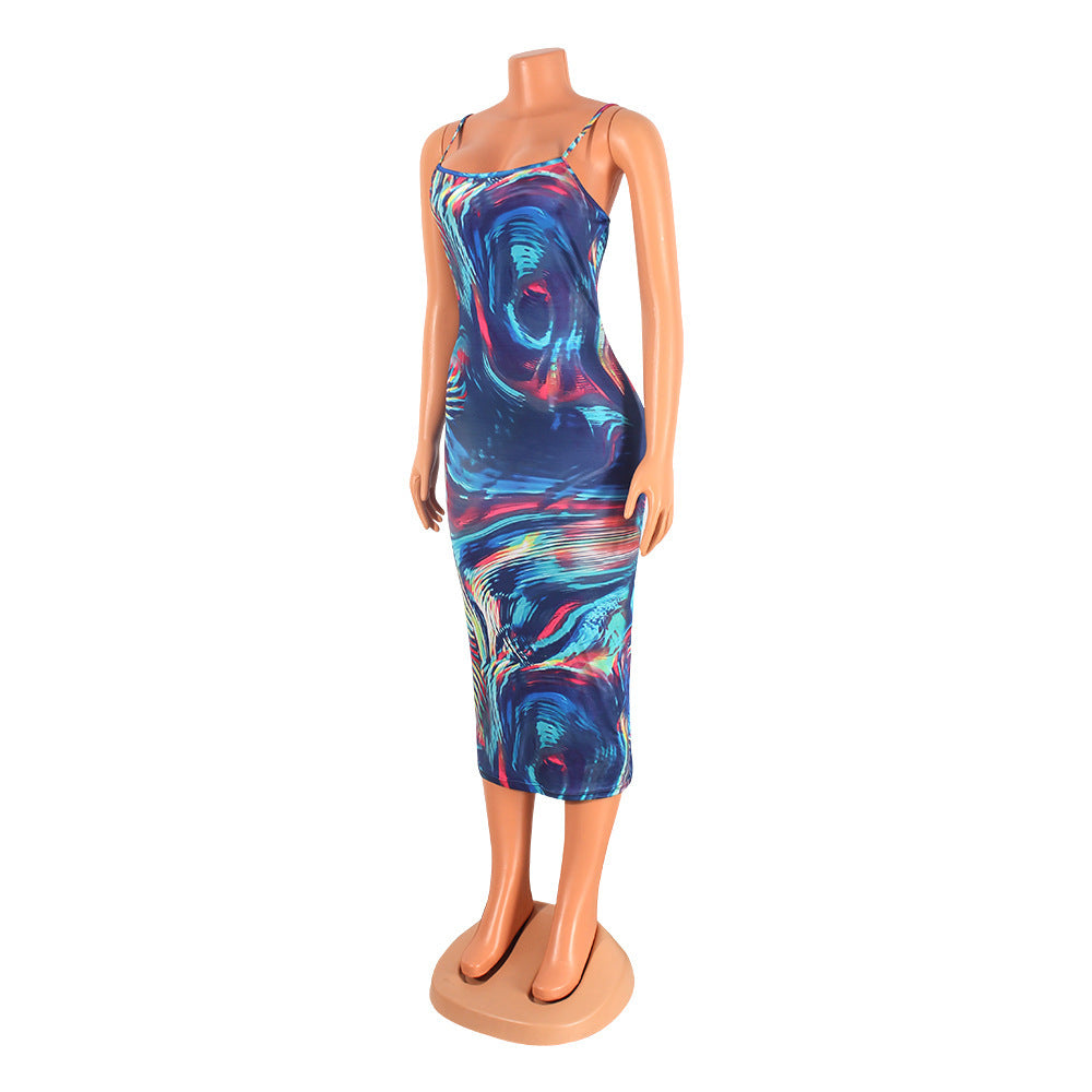 Fashion Sexy Digital Print Suspender Dress