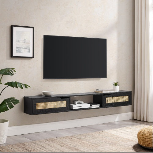 Modern Rattan-Door Floating TV Stand For TVs Up To 80 Inches