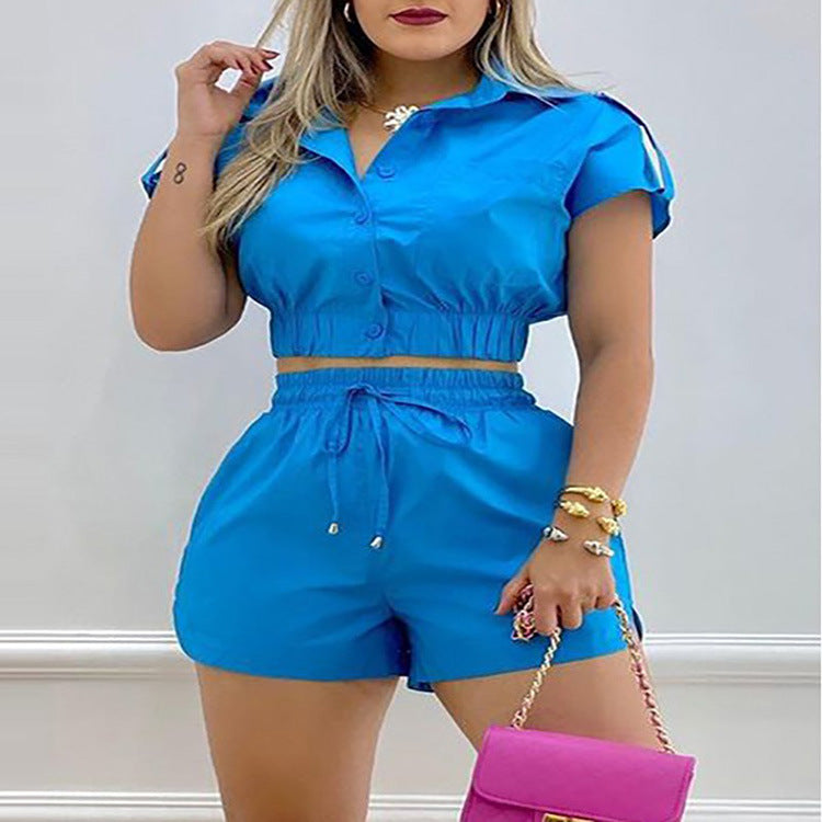 Women's Casual Fashion Solid Color Short Sleeve Button Suit