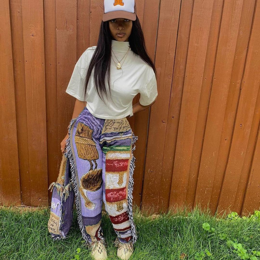 Fashion Loose Color Pattern Tassel Women's Trousers