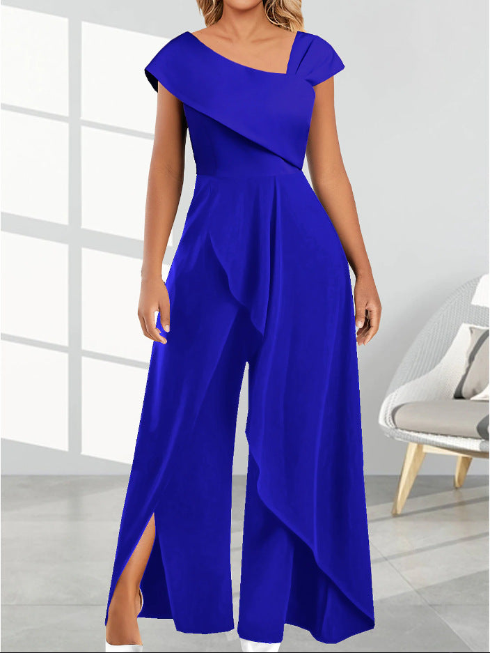 Women's Fashion Temperament Diagonal Collar Solid Color Jumpsuit ShopWithASmile7.com