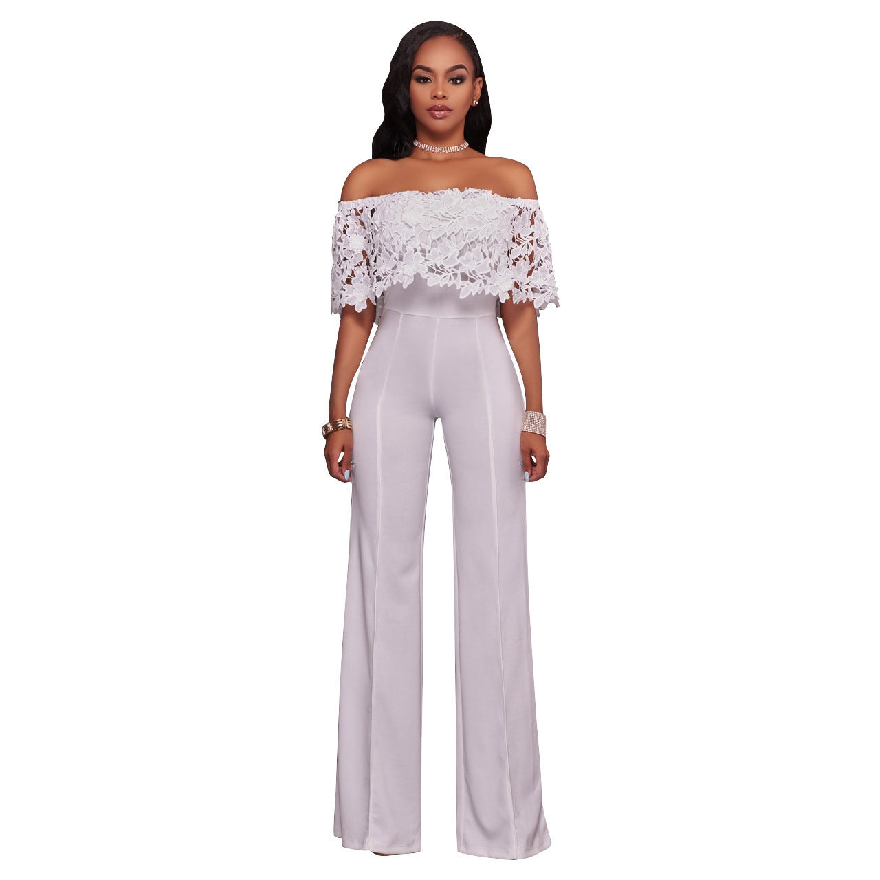 Sexy Tight One-neck Water-soluble Embroidered Jumpsuit ShopWithASmile7.com