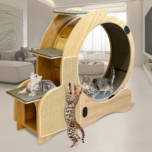 5-in-1 Cat Sports Running Wheel, Cats Wheel Wood Climbing Frame, Cat Litter Fitness Wheel, Oversized Roller Cat Indoor Activity Center,Large ShopWithASmile7.com