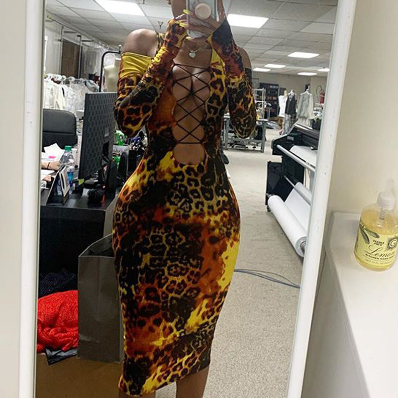 European And American Women's Long-sleeved Leopard Print Tube Top Dress