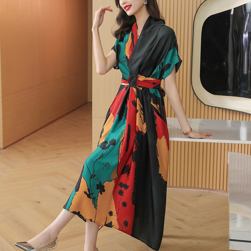 Simple Women's Clothing Short Sleeve Printed Large Swing Dress