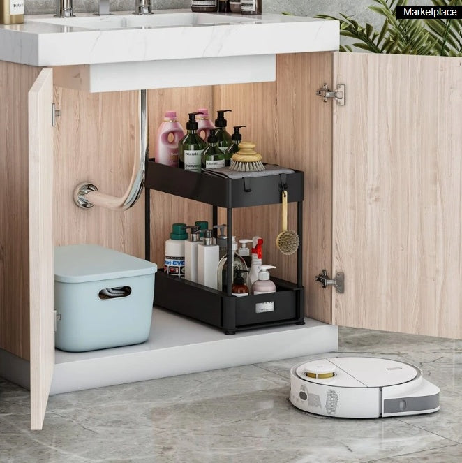 2PC Under Sink Organizer Rack 2 Tier Under Sliding Cabinet Basket Organizer Drawer With 4 Hooks, Multi-purpose Under Sink Storage For Bathroom Kitchen Desktop Black