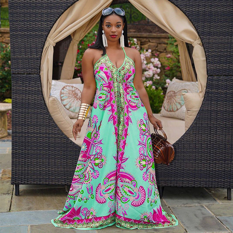 Loose Sling Print Cutout Back Jumpsuit