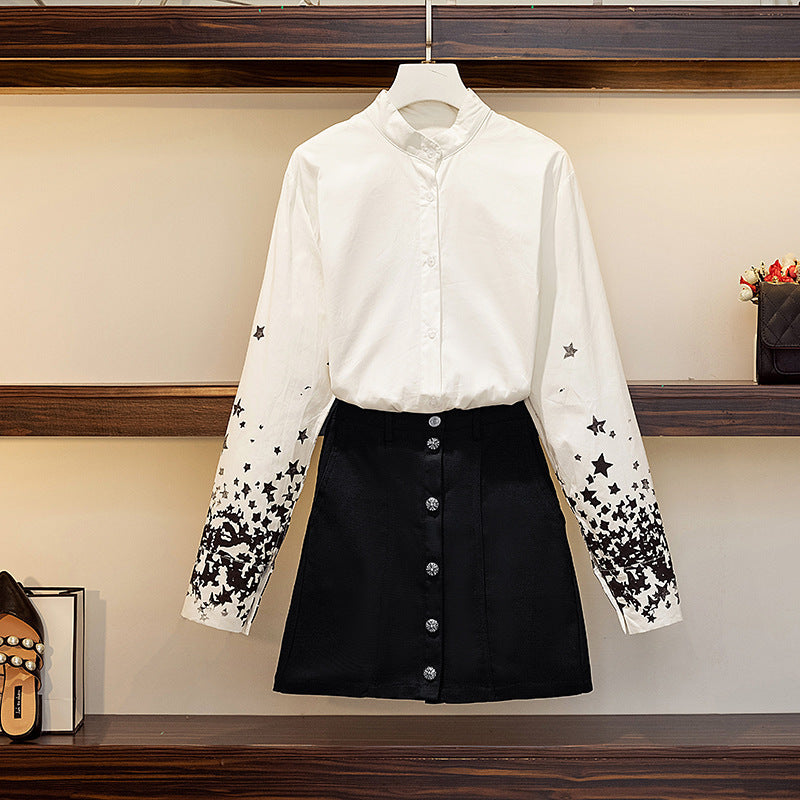 Two-piece suit with high waist and slim denim skirt