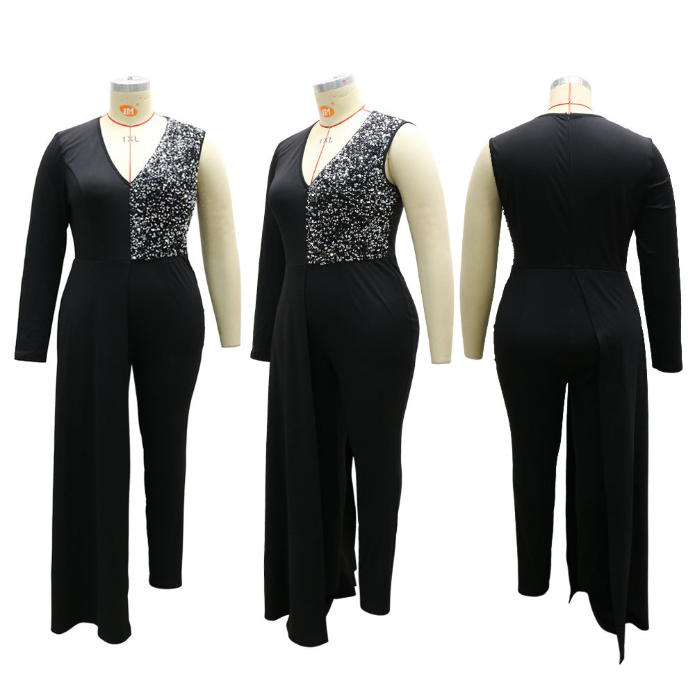 V-neck Sequin Covered Hip Plus Size Jumpsuit ShopWithASmile7.com