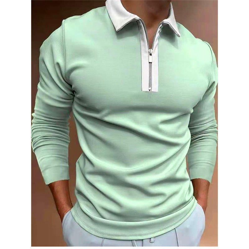 European And American Men's Zipper Stitching Lapel T-shirt