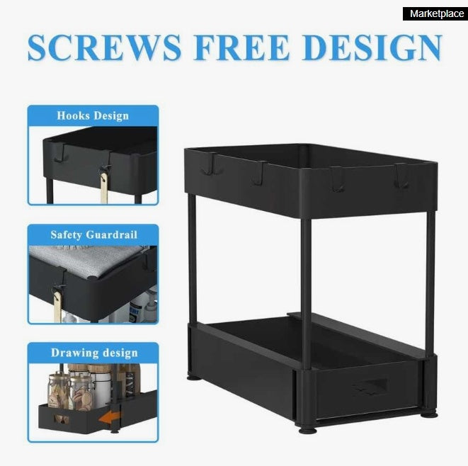 2PC Under Sink Organizer Rack 2 Tier Under Sliding Cabinet Basket Organizer Drawer With 4 Hooks, Multi-purpose Under Sink Storage For Bathroom Kitchen Desktop Black