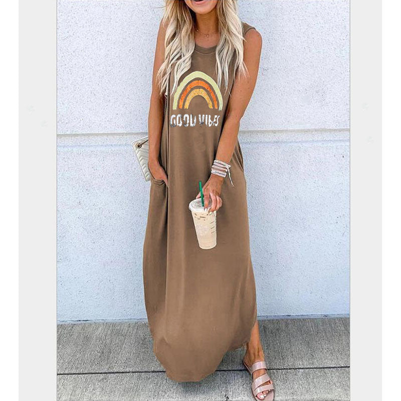 Women's Round Neck Short Sleeve Loose Mid Length Dress