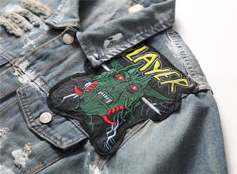 Embroidered Lapel Men's Casual Denim Jacket