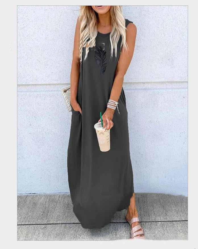 Women's Round Neck Short Sleeve Loose Mid Length Dress