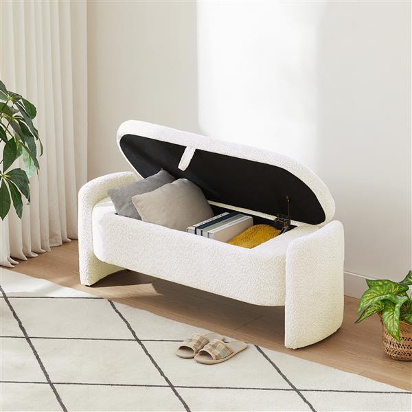 Oval Storage Bench 3D Wool Pile Bench With Large Storage Space For Living Room, Entrance And Bedroom, Cream White