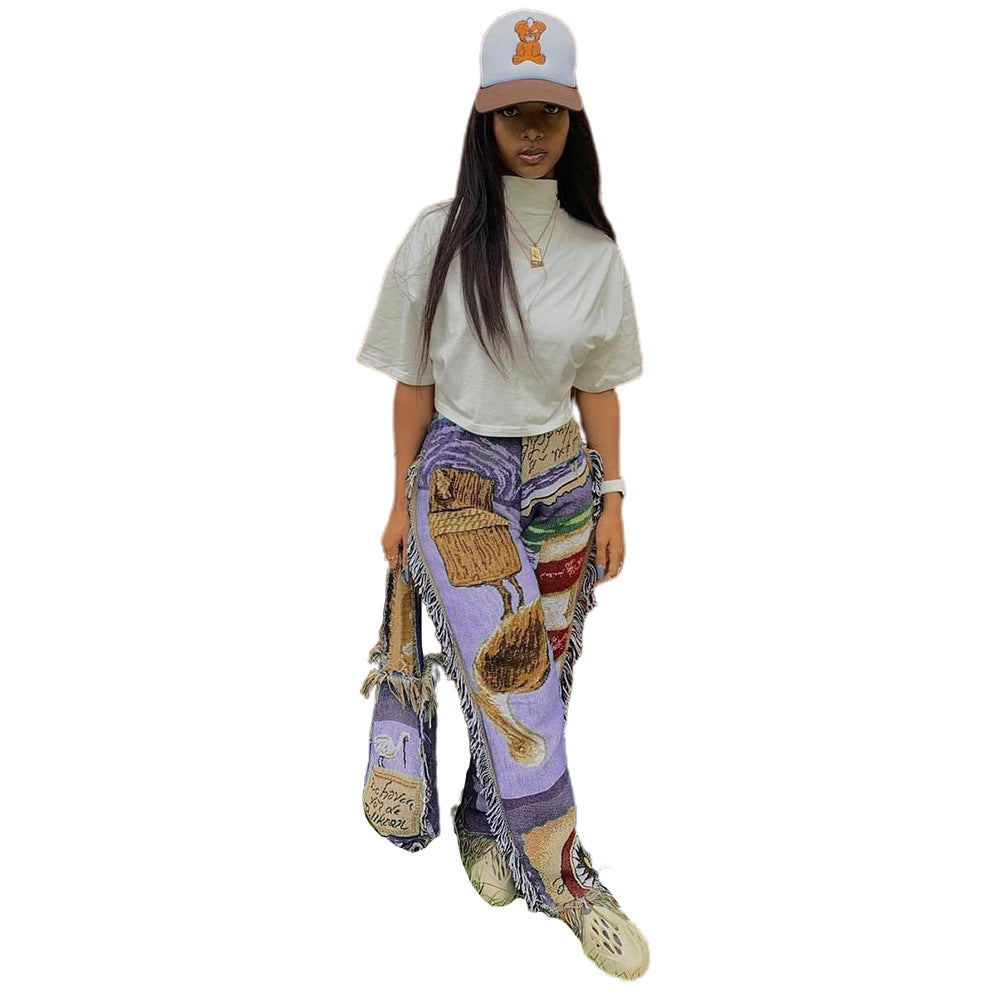 Fashion Loose Color Pattern Tassel Women's Trousers