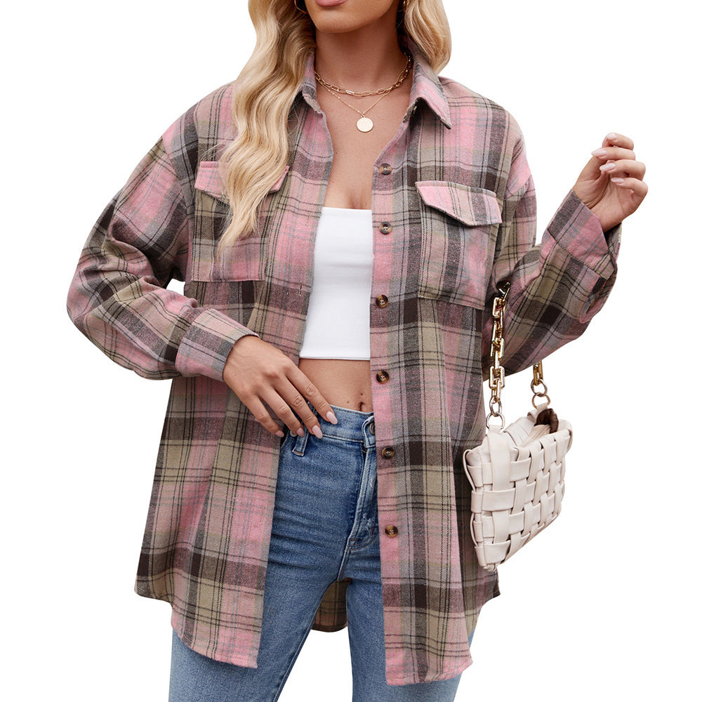 Trendy Loose-Fit Plaid Pocket Shirt for Women ShopWithASmile.com