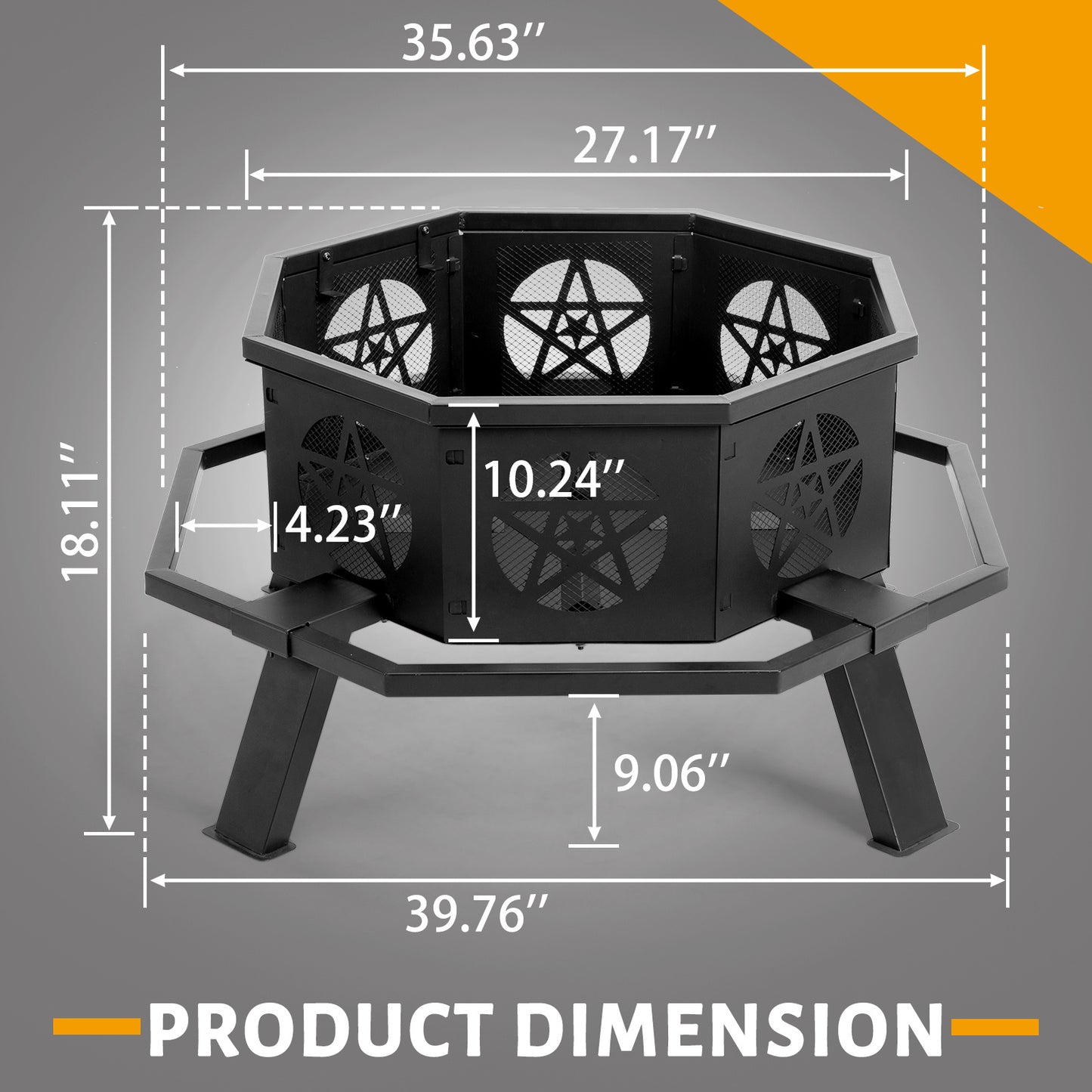 Large 35” Octagonal Fire Pit – Black Wrought Iron, Pentagram Cutouts, Foot Pedal Safety Ring