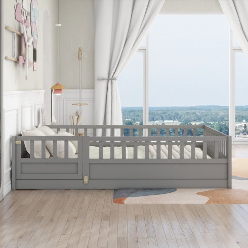 Full Size Floor Bed, Integral Construction With Super High Security Barrier, Door, Children's Floor Bed Frame, Montessori Wooden Children's Floor Bed, Support Slat White