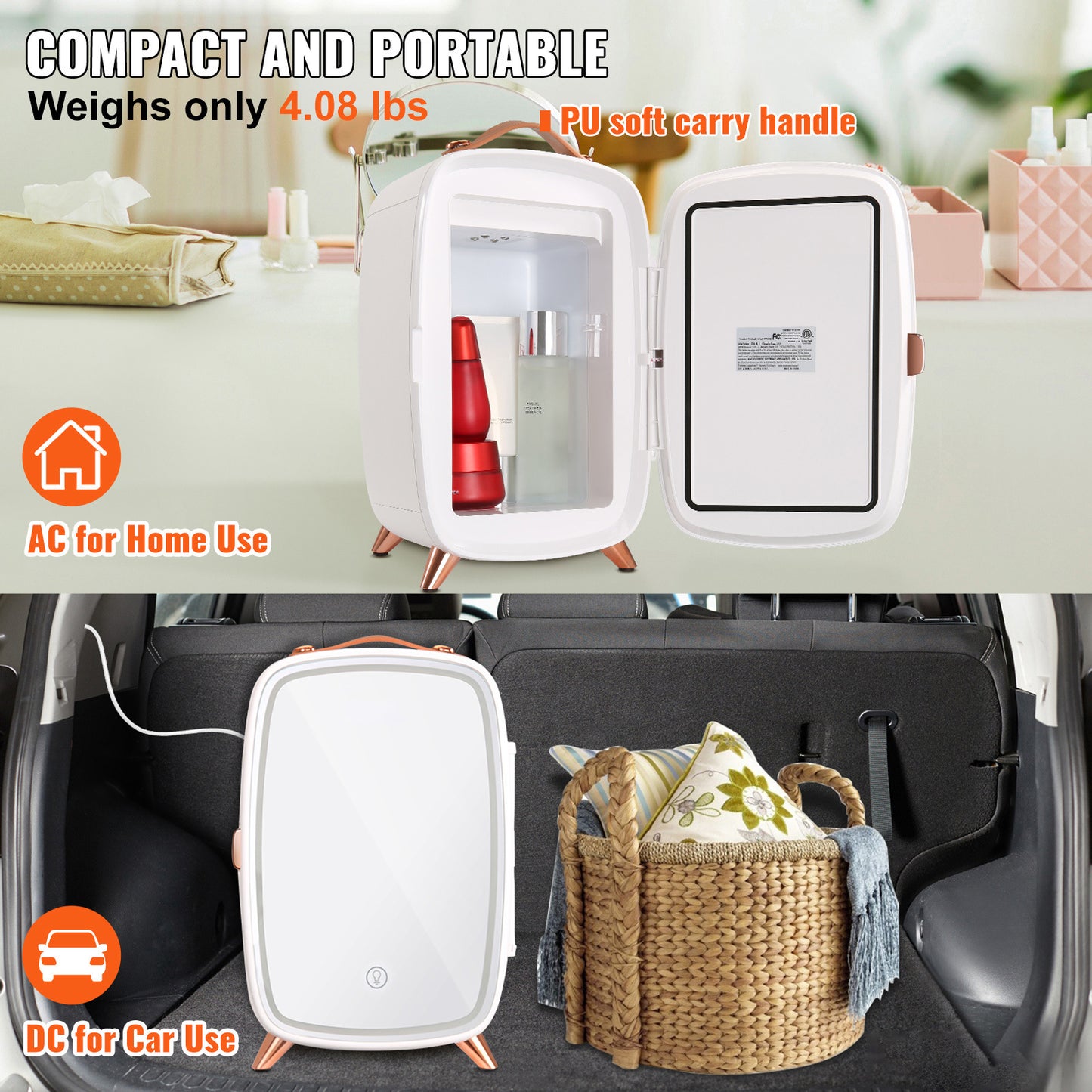 Vevor Mini Fridge For Bedroom, 6L Luxury Skin Care Fridges With Mirror And LED Light, AC DC Cosmetic Fridge For Office Dorm Car, Small Makeup Refrigerator For Beauty Face Mask Beverage Chill, White ShopWithASmile7.com