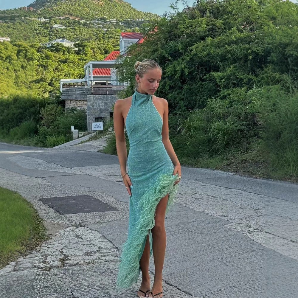 European And American Party Halter Dress Feather Stitching Vacation Style