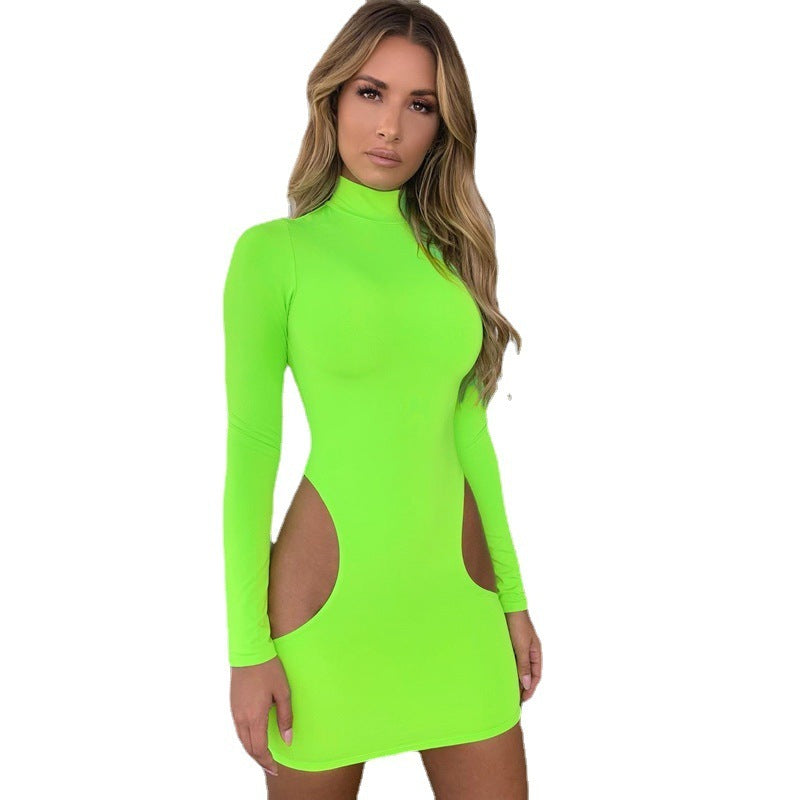 Hollow Waist Long-sleeved High-neck Sexy Bag Hip Dress