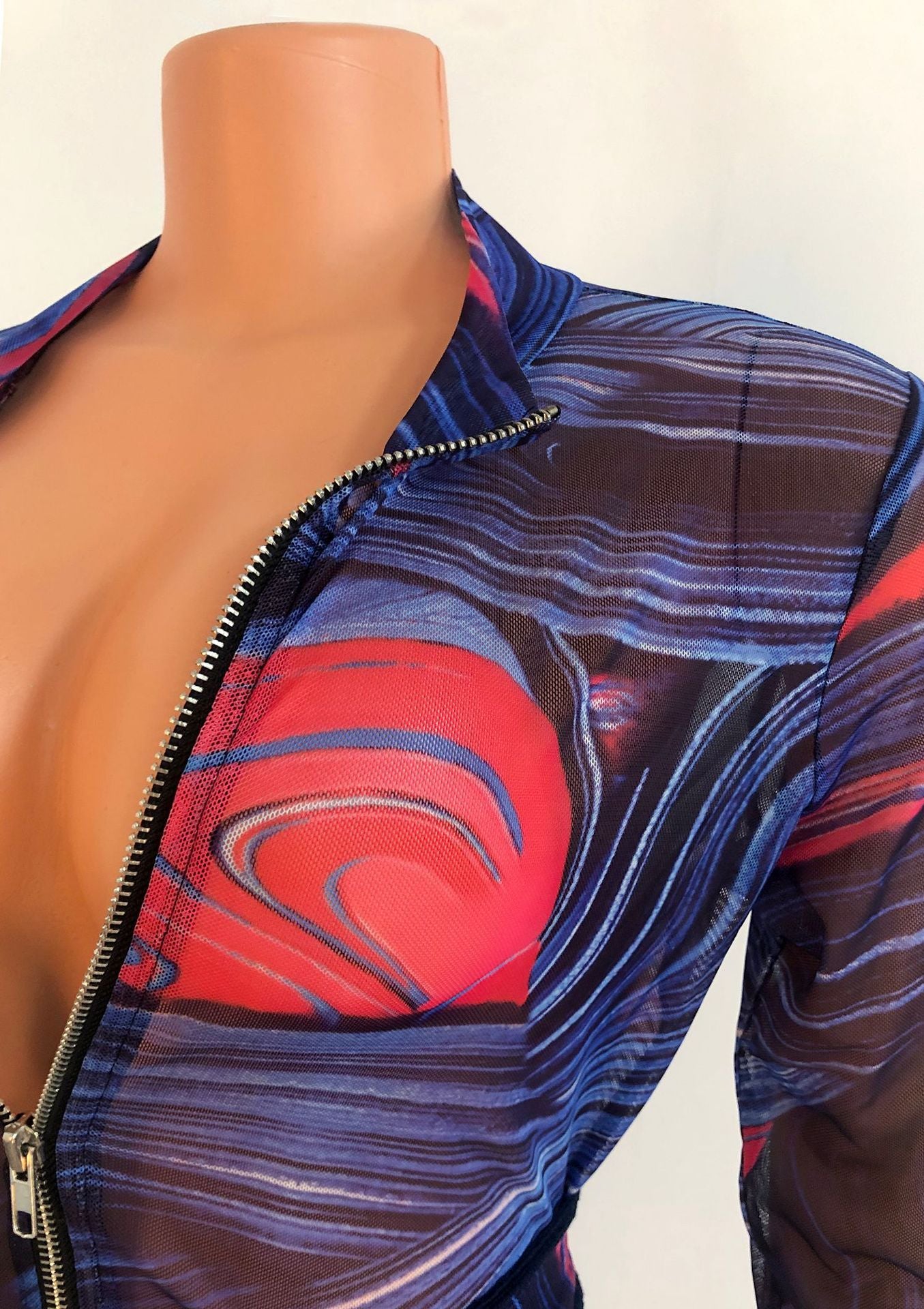 Printed Sexy Nightclub Long-Sleeved Mesh See-Through Jumpsuit
