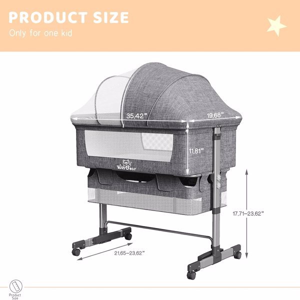 3-in-1 Bedside Crib With Mosquito Net, Large Storage Bag, Comfortable Mattress With Lockable Wheels, Grey ShopWithASmile7.com