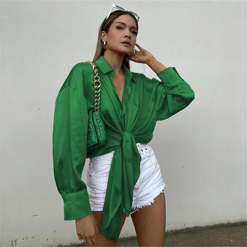 Elegant Satin Lace-up Long-sleeved Casual Fashion Loose Top ShopWithASmile7.com