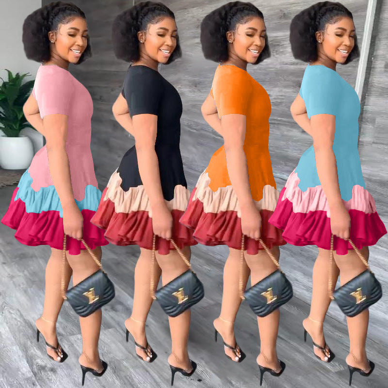 European And American Women's Clothing Summer Color Block Short Sleeve Pleated Dress