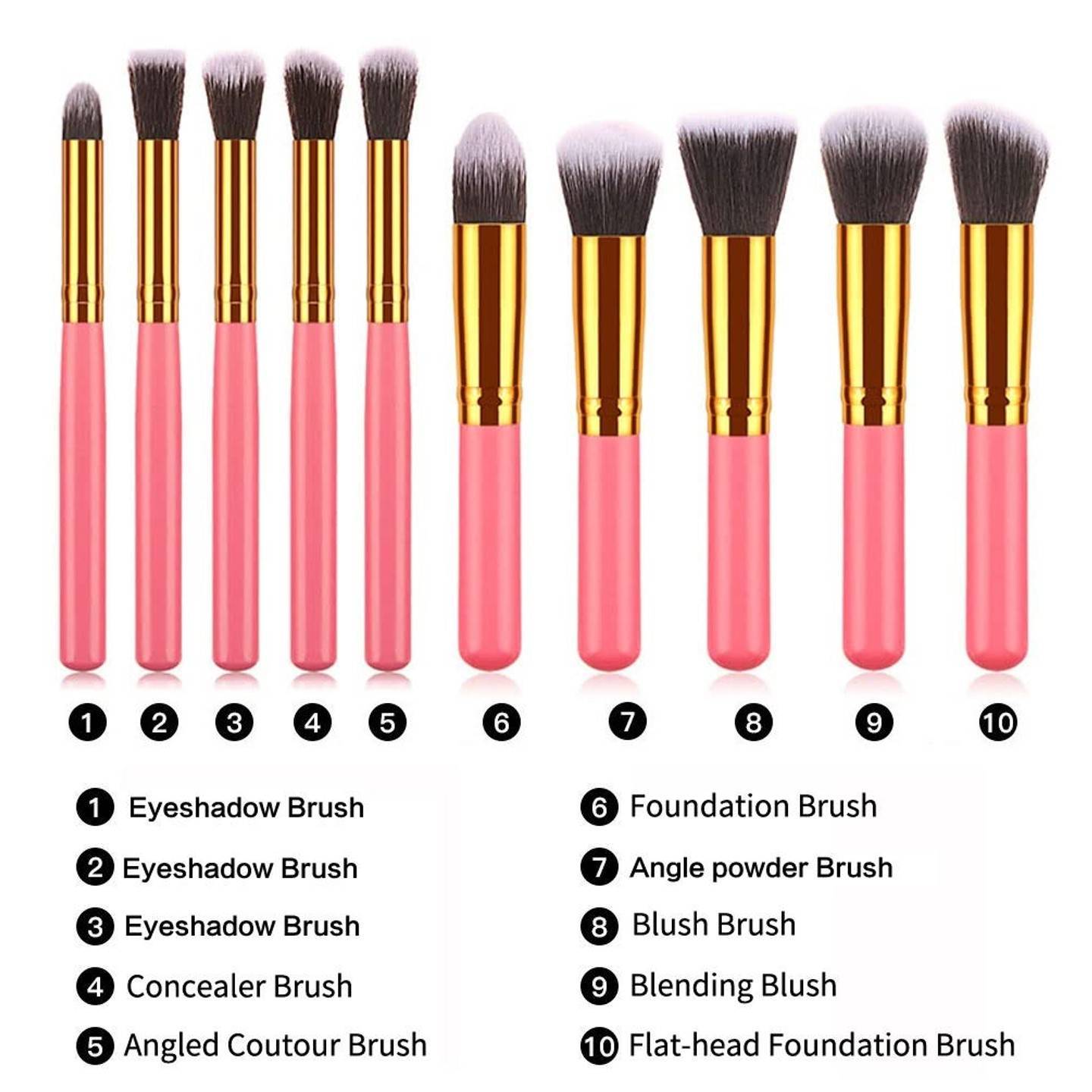 10-Piece Professional Makeup Brush Set with Bag – Soft Nylon Bristles, Golden Black Design, Portable and Reusable for Beginners and Pros