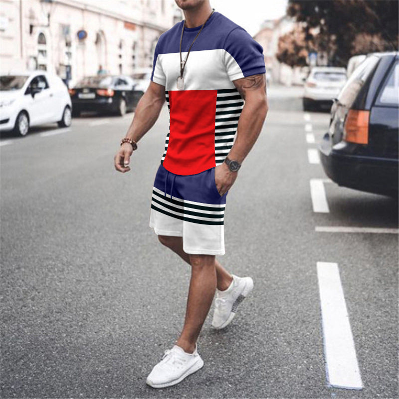 Men's Short Sleeve Sports Casual Fashion Striped Colorblock Suit