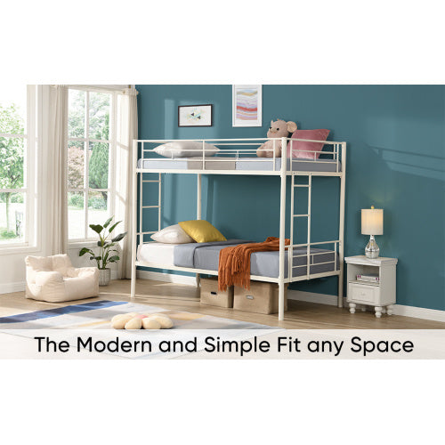 Twin Over Twin Metal Bunk Bed,Metal Structure Bedframe With Safety Guardrails And 2 Ladders,Convertible Bunkbeds,No Spring Box Required And Space Saving Design,White ShopWithASmile7.com