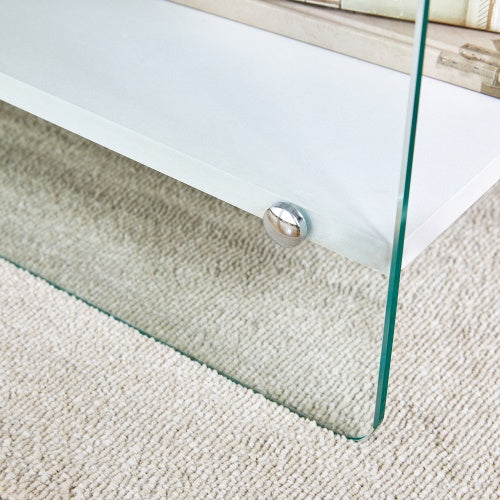 Bedside Table With Drawers. The Board Surface Is MDF Sticker, And Both Sides Are Transparent Tempered Glass. The Design Is Simple And Elegant, With Excellent Storage Functions