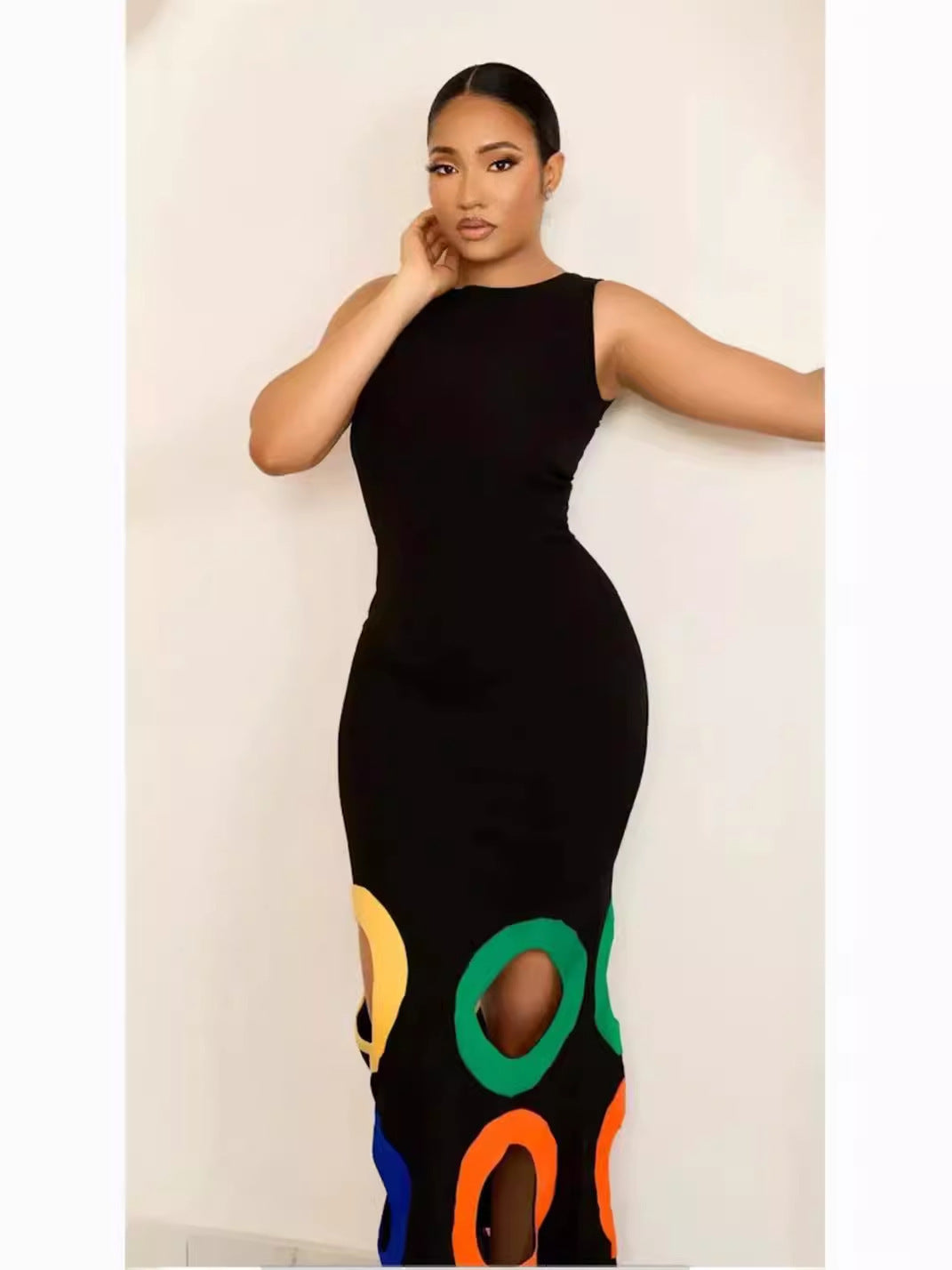 Fashion Round Neck Sleeveless Color Matching Hollow Out Dress ShopWithASmile7.com