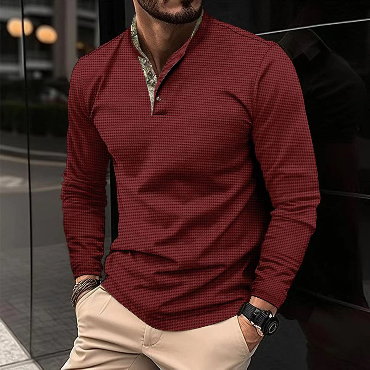 Men's Double Layer Lapel Polo Shirt Fashion Waffle Long-sleeved Tops Clothing ShopWithASmile7.com