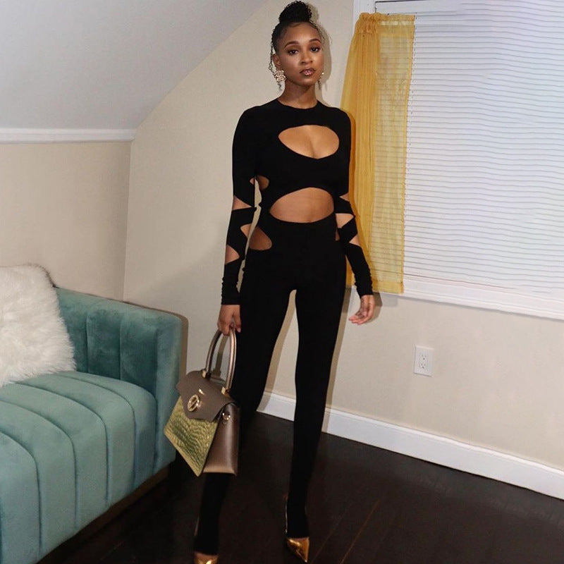 2023 New Casual Hollow Out Navel Long-sleeved Slim Jumpsuit ShopWithASmile7.com