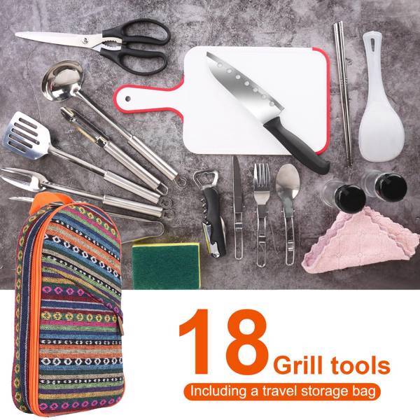 19-Piece Camping Cookware Set with Portable Organizer – Outdoor Cooking Utensils for RV Camping, BBQ, and Picnics