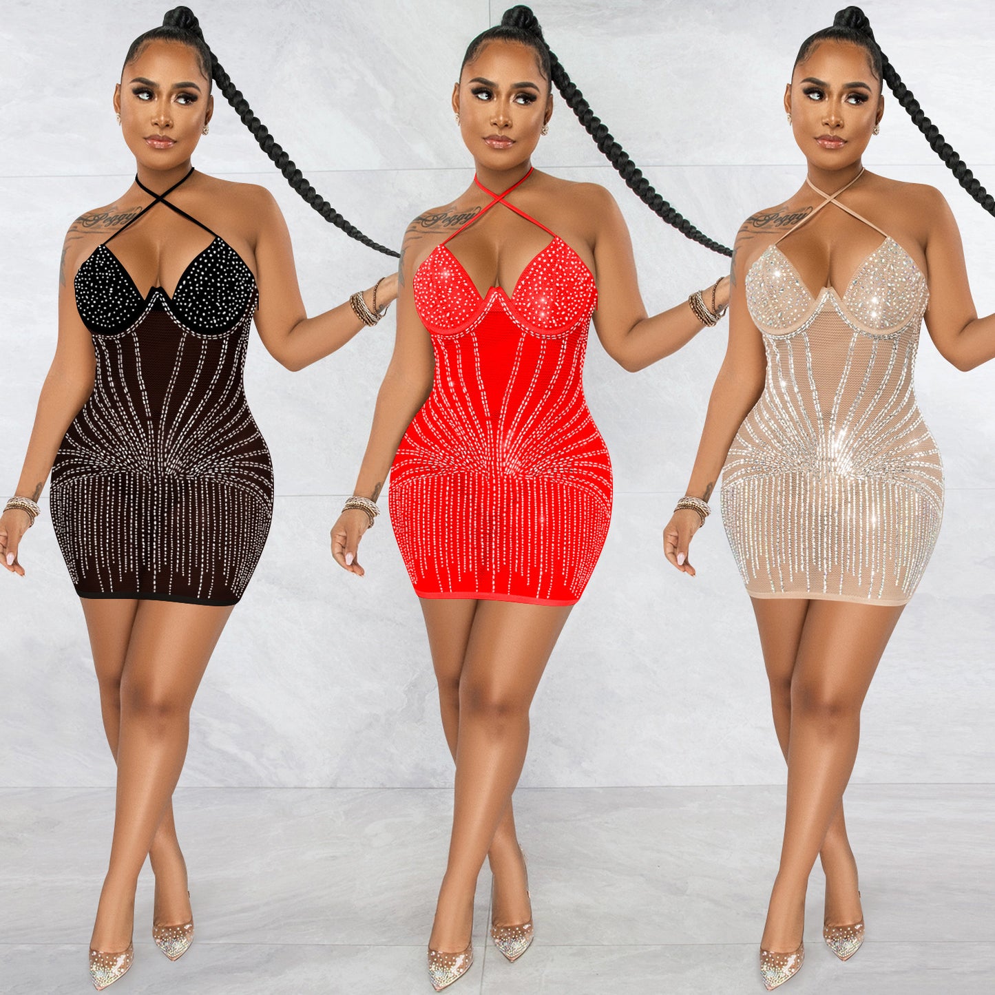 Women's Fashion Gauze Perspective Mid Skirt Suspender Dress