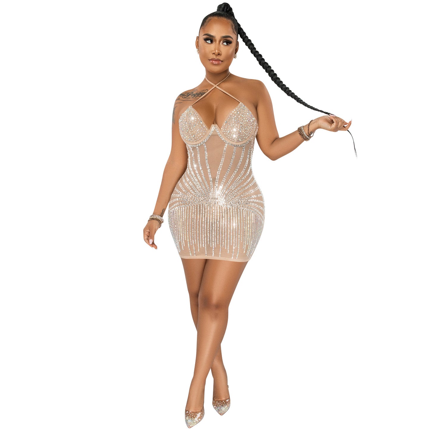 Women's Fashion Gauze Perspective Mid Skirt Suspender Dress