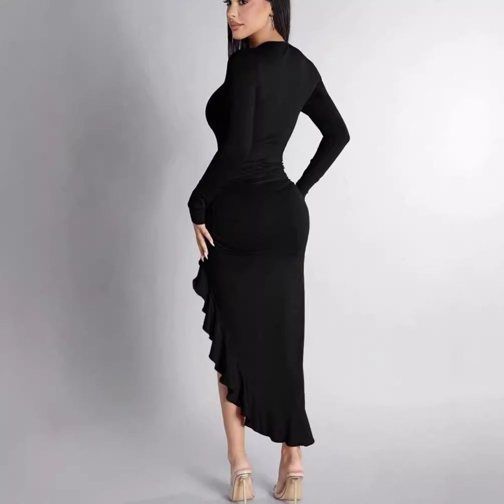 Chic Black Mid-Length Ruffled Dress with Long Sleeves and Frill Detail ShopWithASmile.com