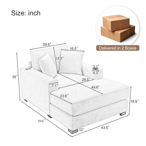43.5 Oversized Chaise Lounger Modern Style Sofa Couch ,with Pillows, Charge Station Cup Holders, Chenille Fabric