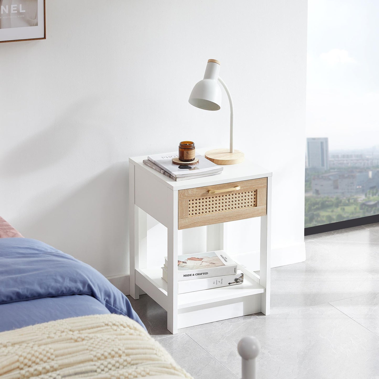 15.75-Inch Rattan Side Table with Drawers – Modern Bedside Table for Living Room or Bedroom, White