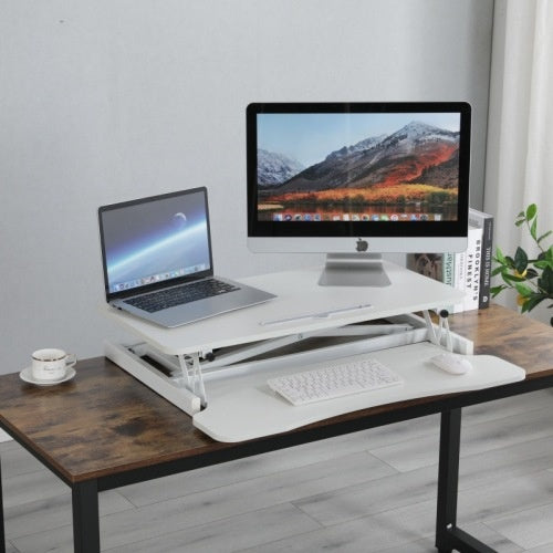 32 Inch Desk Converter, Height Adjustable Sit To Stand Riser, Dual Monitor And Laptop Workstation With Wide Keyboard Tray, White