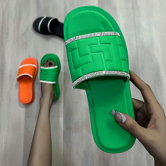 Rhinestones Slippers Women Summer Candy-color Flat Heel Shoes ShopWithASmile7.com