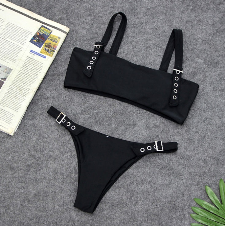 Bikini split solid color buckle swimsuit