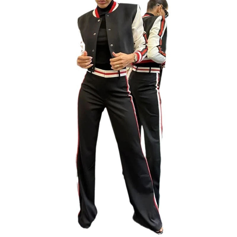 Patchwork Contrast Color Shorts Baseball Top Casual Suit