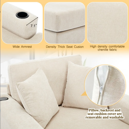 43.5 Oversized Chaise Lounger Modern Style Sofa Couch ,with Pillows, Charge Station Cup Holders, Chenille Fabric