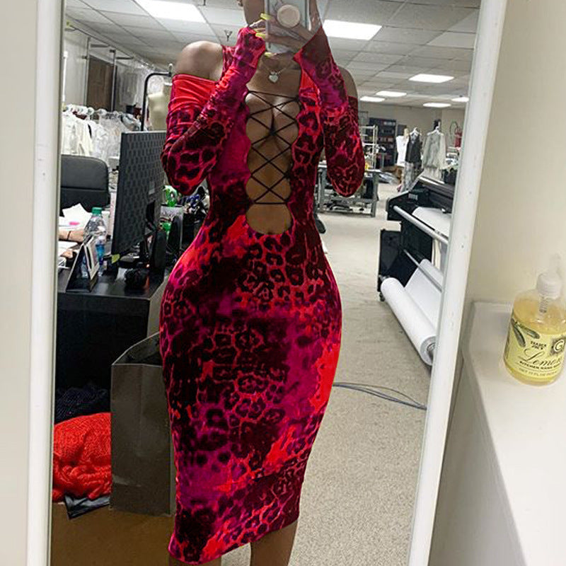 European And American Women's Long-sleeved Leopard Print Tube Top Dress