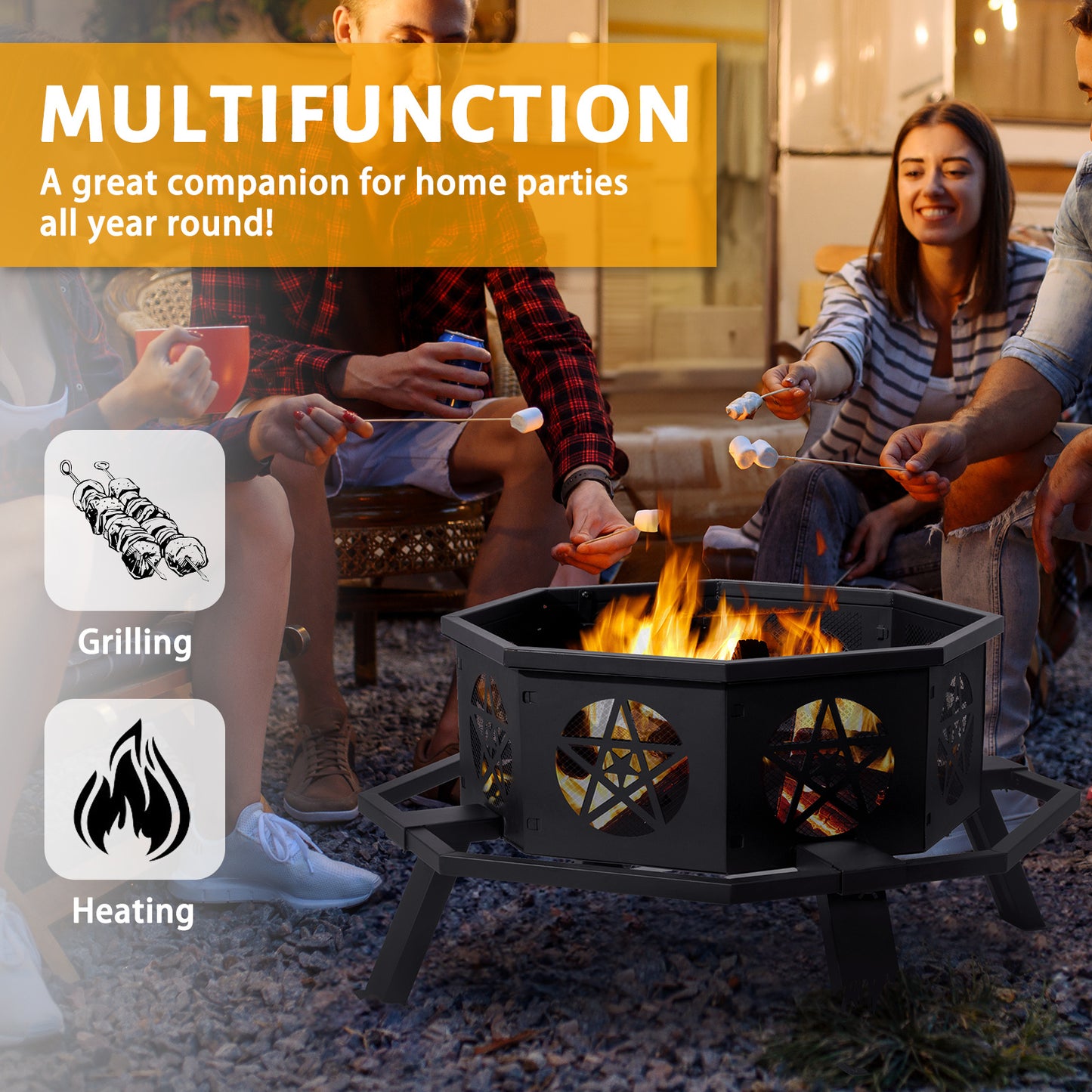 Large 35” Octagonal Fire Pit – Black Wrought Iron, Pentagram Cutouts, Foot Pedal Safety Ring